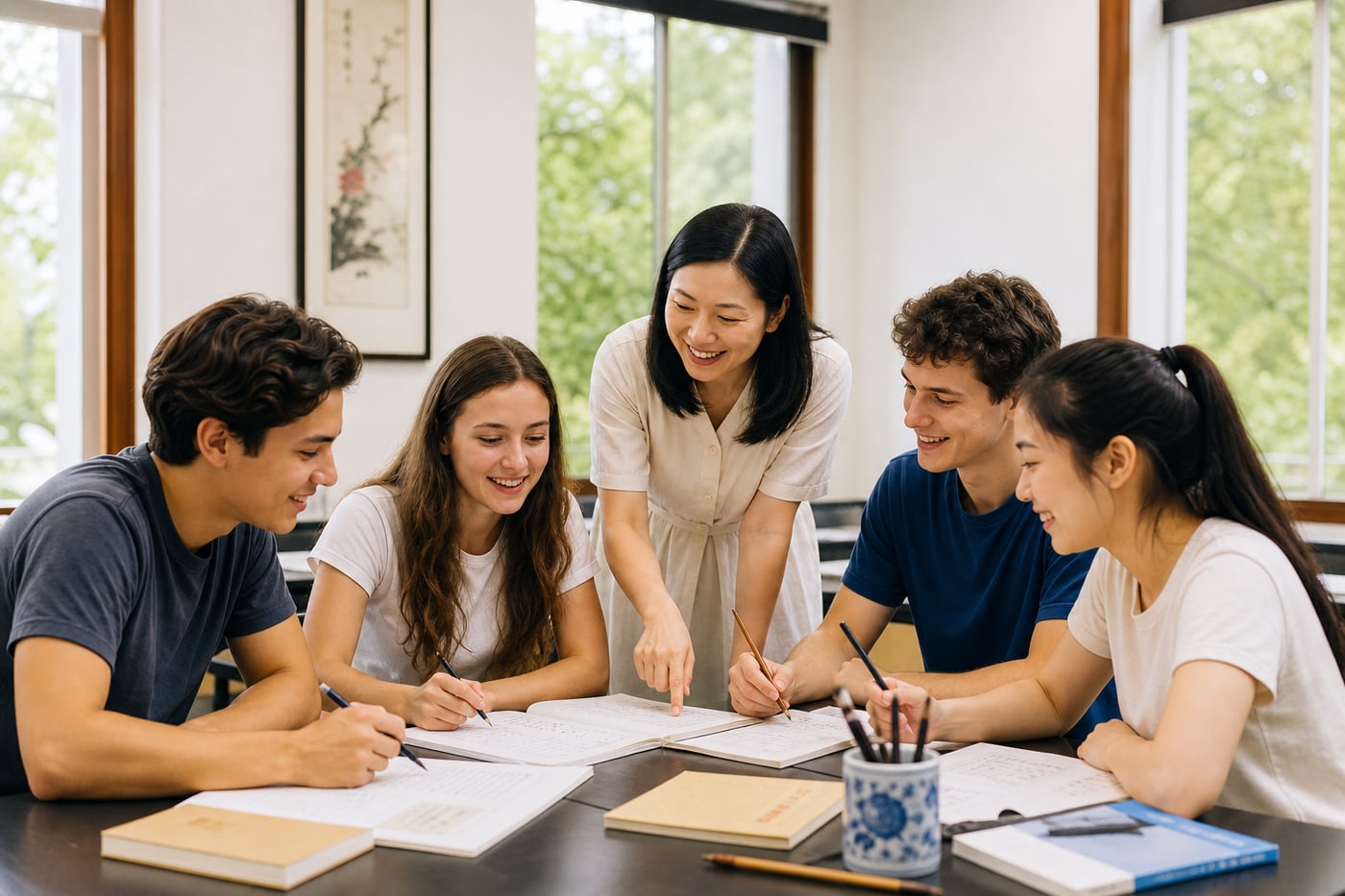 An international group of students in a Chinese class with their KCEL teacher in Kunming