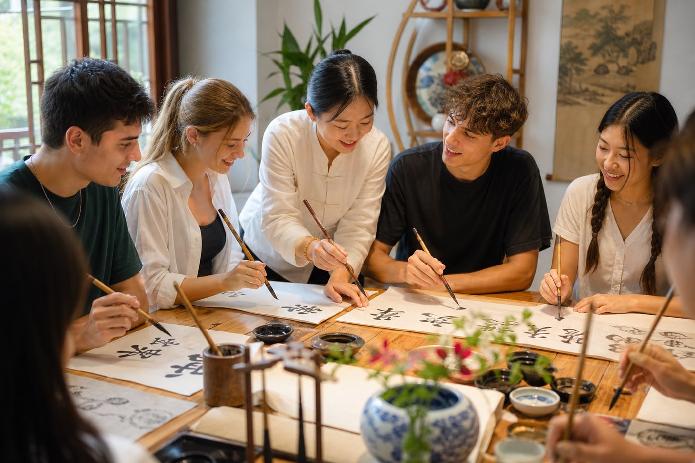 International students taking part in a hands-on Chinese cultural activity in Kunming