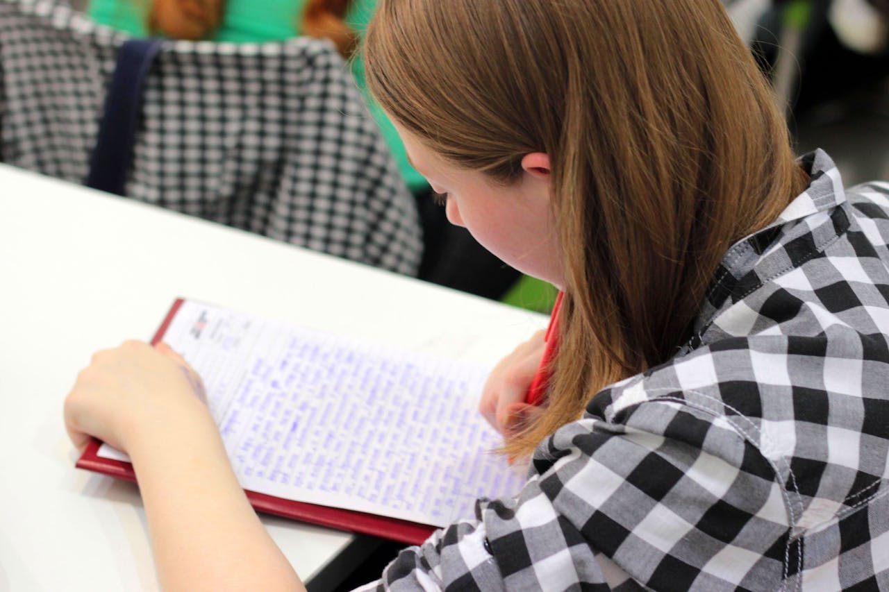 Student practising Chinese character writing with brush and ink